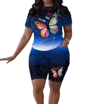 Fashion Casual Women's Shorts Short Sleeve Suit Gradient Letter Print Summer Suit T-shirt + Shorts 2 Pieces Sets 2025