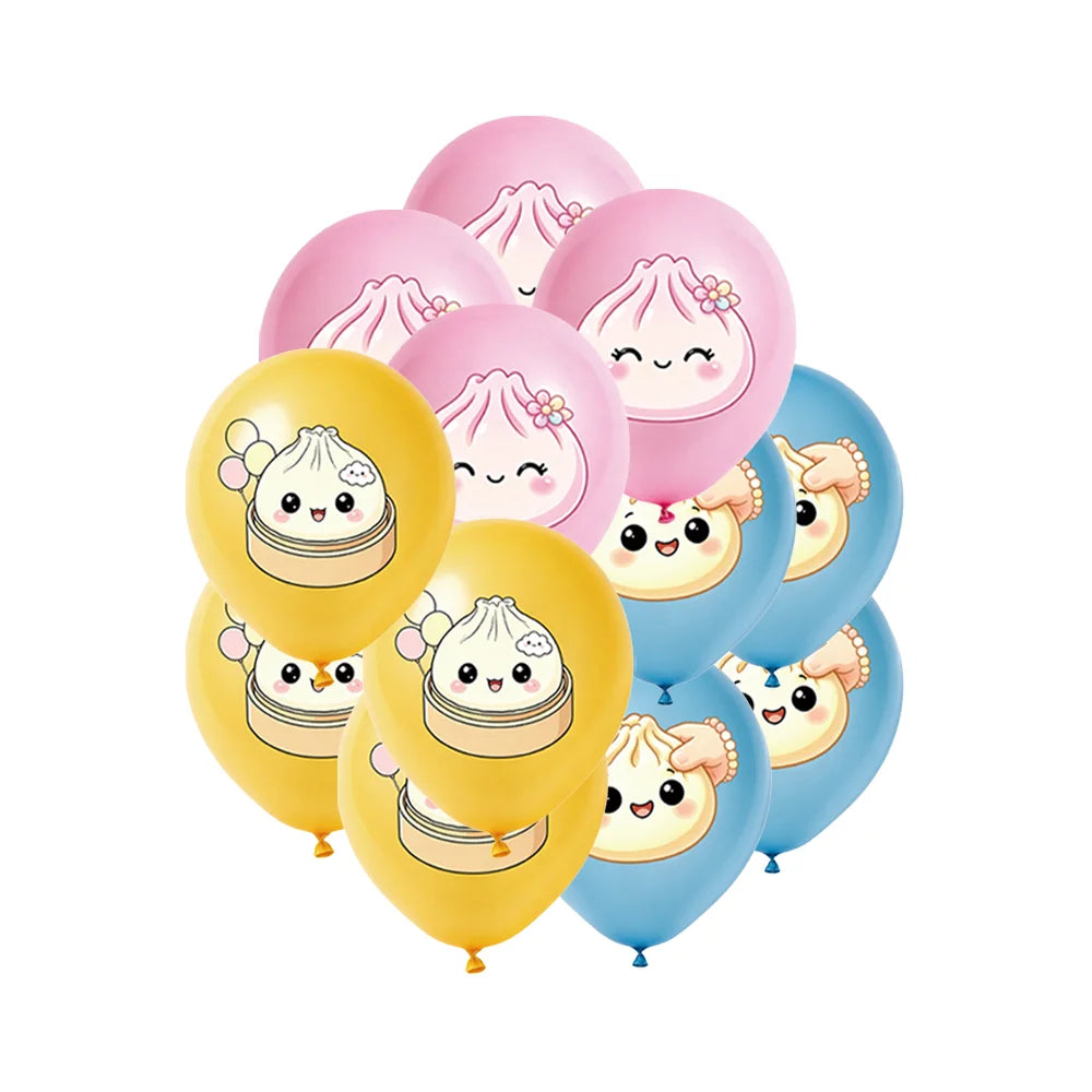 12/24/36pcs Kawaii Cartoon Steamed Bun Latex Balloons Set Cute Food Theme Dumpling Printed for Kids Birthday Baby Shower