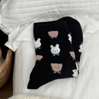 SP&CITY Cute Rabbit Bear Middle Socks for Women Trendy Casual Cartoon Cotton Socks College Style Sweet Girl Breathable Socks