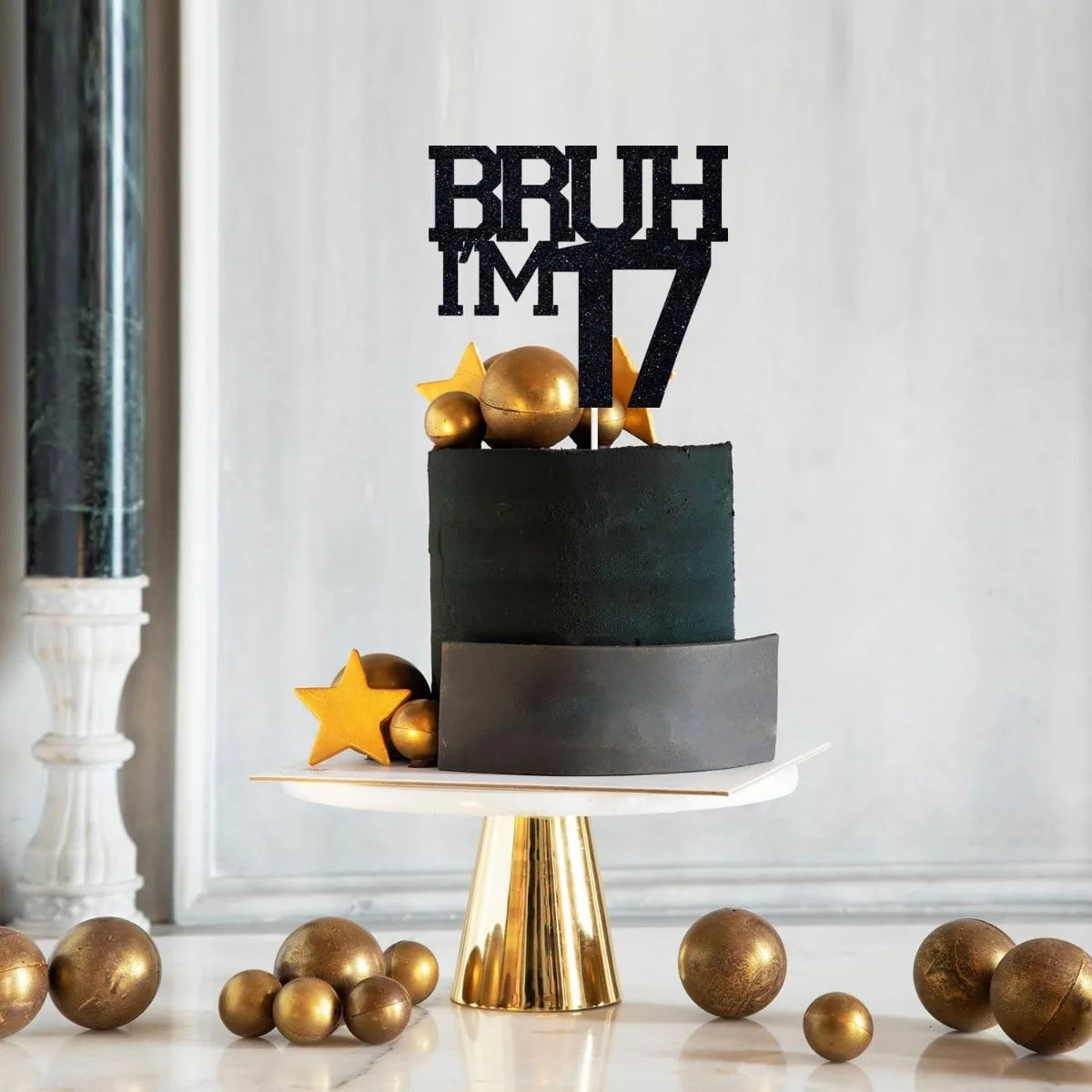 1 PCS Black Bruh I'm 17 Cake Topper, Happy 17th Birthday/Bro I'm 17, Funny 17th Birthday Party Decorations