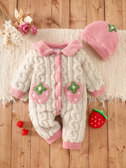 Baby Thick Double-Sided Fleece Doll Collar Romper Set Sweet 3D Strawberry Pocket Cable Knit Romper + Matching Warm Hat Soft and Warm for Winter Outings