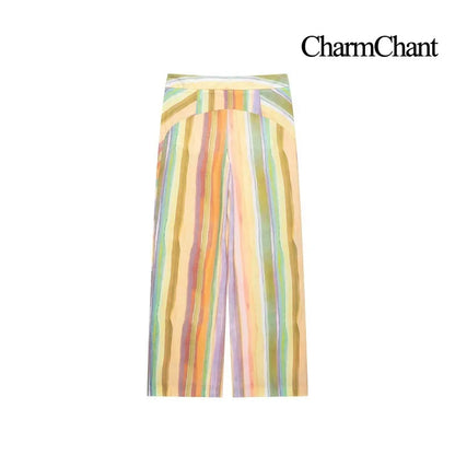 Charmchant Women's Colorful Stripe Two Piece Outfit Halter Backless