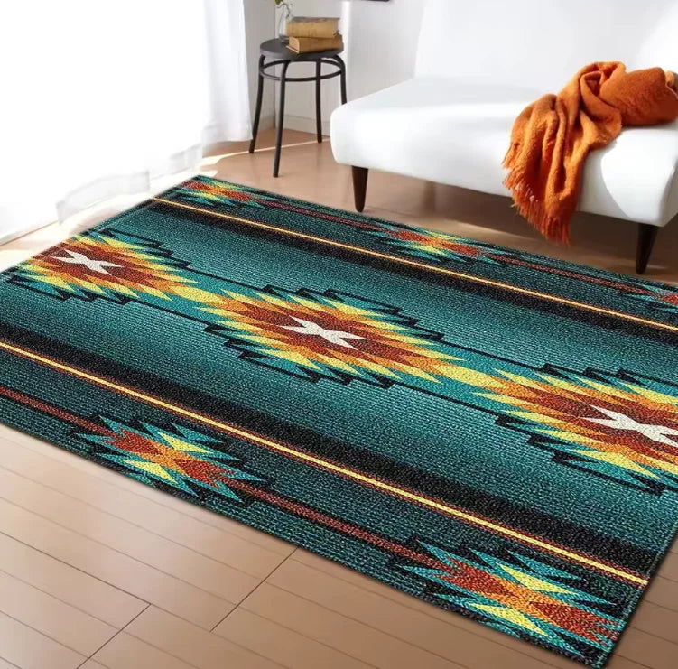 Living Room Rug Indian Tribal Geometric Theme Carpet Non-Slip Soft Easy To Clean Durable Wild Ethnic Decor Area Home Decor Mat