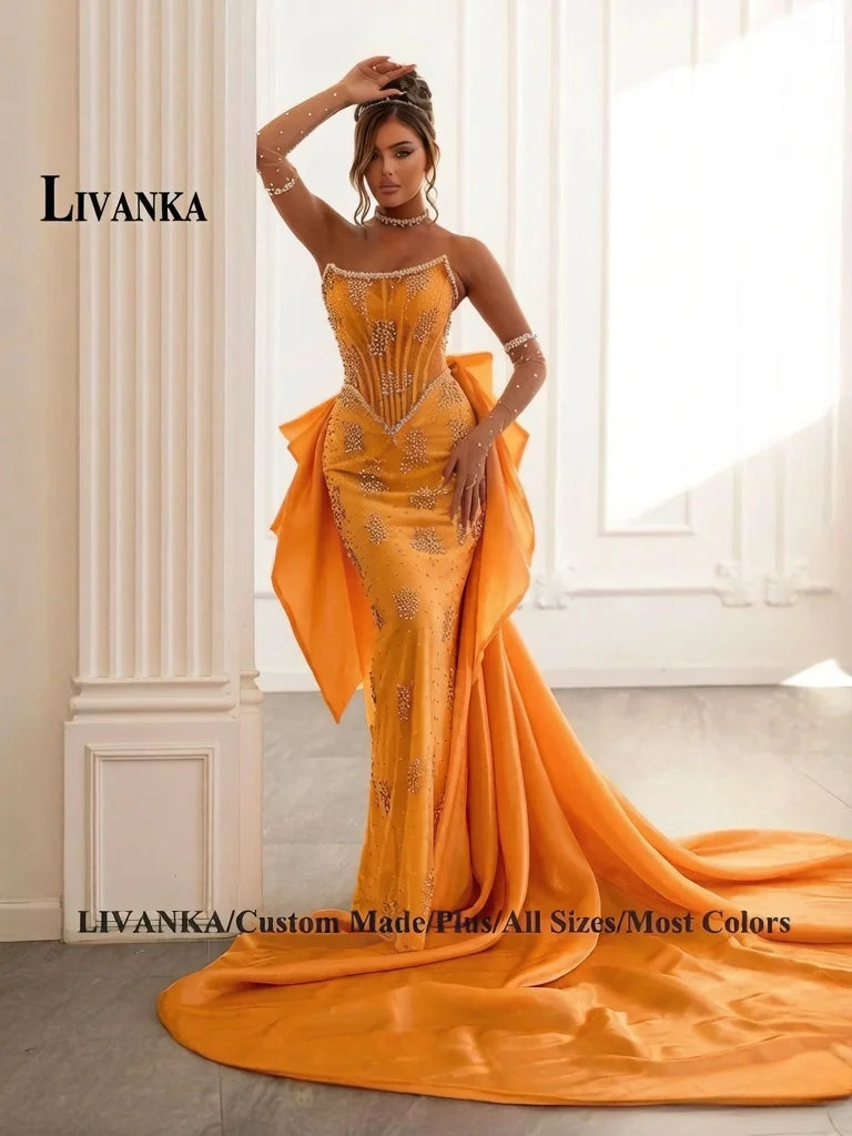 LIVANKA Exquisite Mermaid Prom Dress Rhinestones Corset Bowknot Lacing Up Strapless Royal Train Vestido De Formatura Customized
