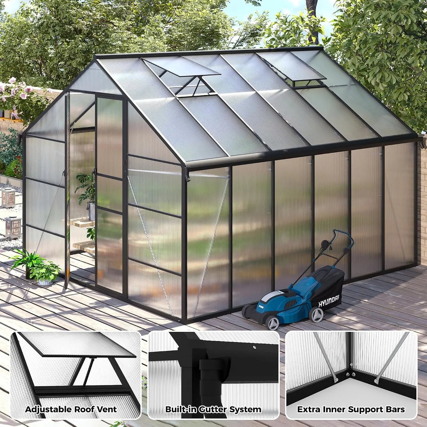 10x12 FT Greenhouse for Outdoors, Polycarbonate Greenhouse with Roof Vent, Enhanced Aluminum Large Walk-in Green, Customized