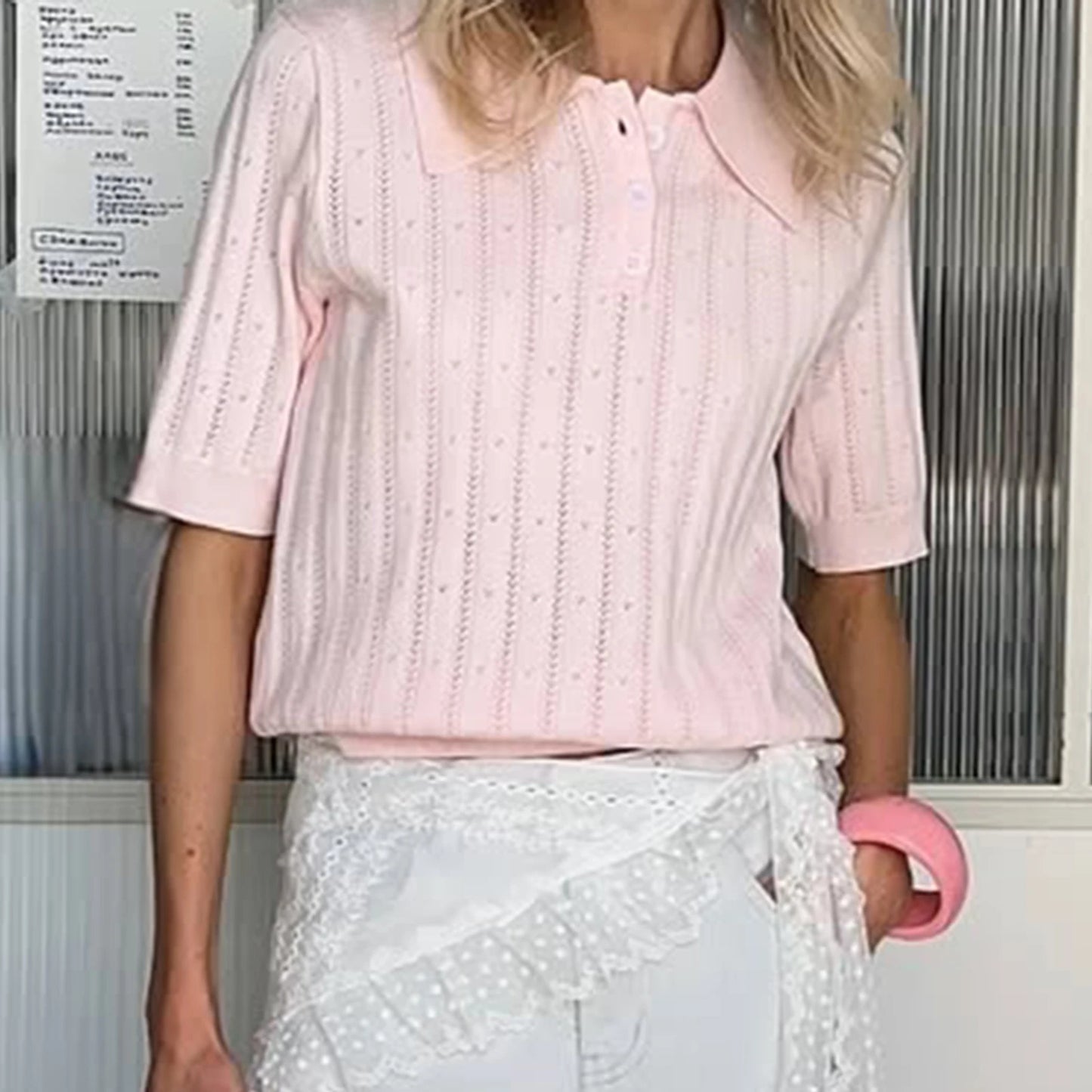 Elegant Women's Summer Hollow Out Knit Tops Short Sleeve Turn Down Collar Solid Color Cutout T-shirt