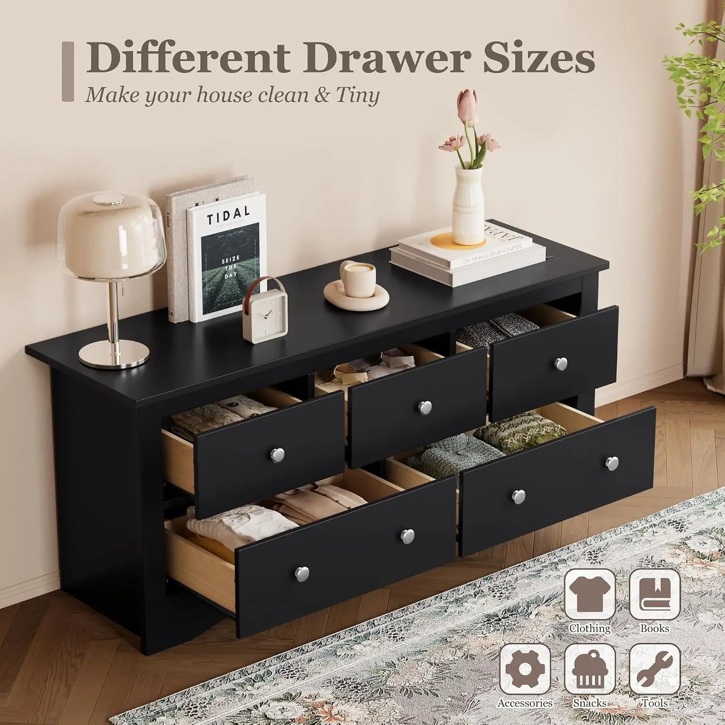 5 Dresser for Bedroom,TV Stand for Living Room, Black| 52" Wood Dresser, Chest of Drawers, for TV up to 65 inch,15.7Dx52Wx23.2H