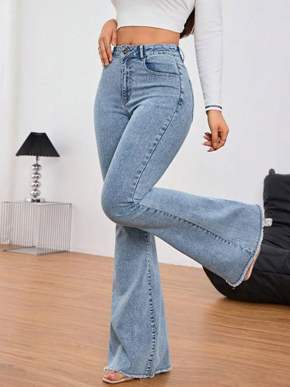 Tall Women's Micro Flare Frayed Edge Jeans, Fashionable Simple Style, Casual Loose-Fitting Solid Pattern, All Seasons Wear