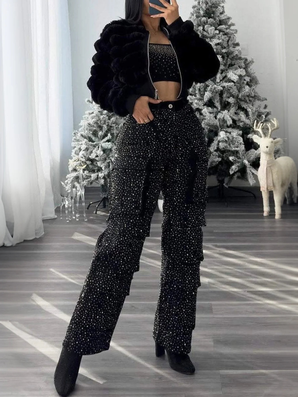 2026 New High Waist Black Rhinestone Multi-pocket Work Jeans, Street Style, High Quality Fashionable Straight Jeans, a Must-have for Street Style