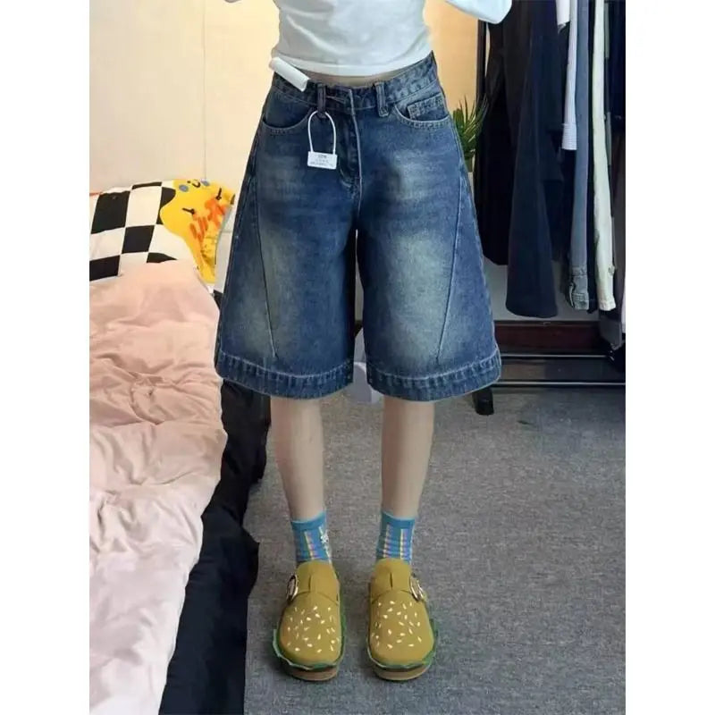 Blue Loose Wide Leg Denim Shorts Women's Summer New Design High Waist Loose Slim Straight Five-Quarter Pants
