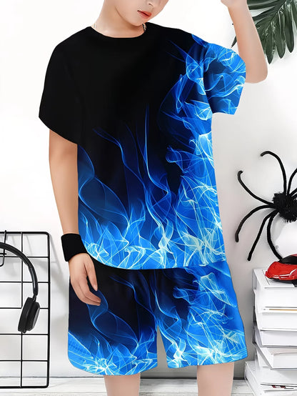 Summer Outfit Blue Flame Print Short Sleeve T-Shirt + Shorts Set Black Casual Sportswear Kids Streetwear Tracksuit