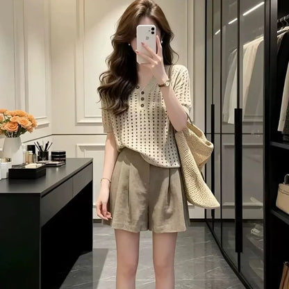 Elegant Casual 2 Piece Set 2026 Women Crochet Knit V Neck Button Short Sleeve Top High Waist Tailored Shorts Daily Summer Outfit