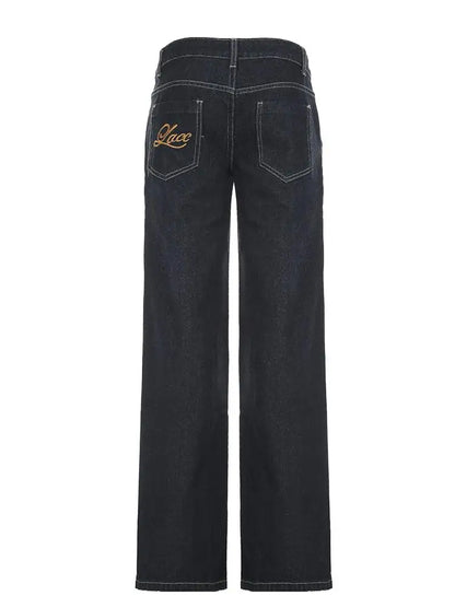 Women's Slim Fit Flared Jeans Y2K Vintage Low Rise Stretch Denim Pants with Embroidery Distressed Style for Everyday Outfits