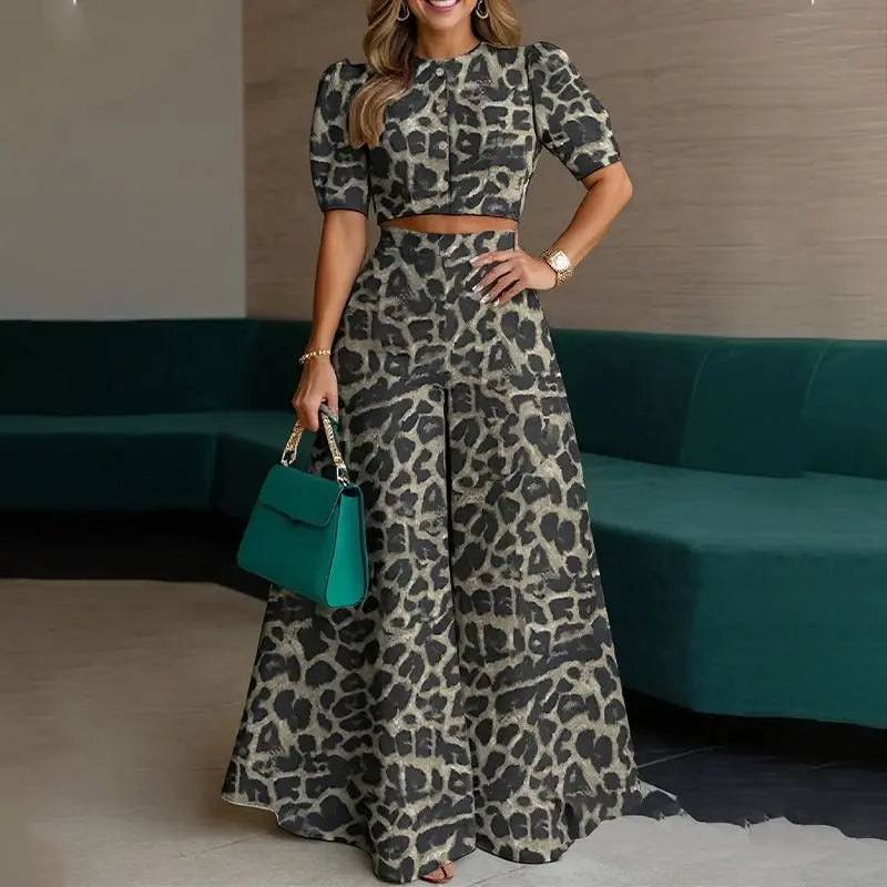 Women Elegant Solid Two Piece Sets Summer Short Sleeve Button-down Crop Blouse Top High Waist Wide-leg Pants Set Casual Outfits