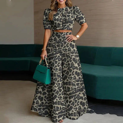 Women Elegant Solid Two Piece Sets Summer Short Sleeve Button-down Crop Blouse Top High Waist Wide-leg Pants Set Casual Outfits