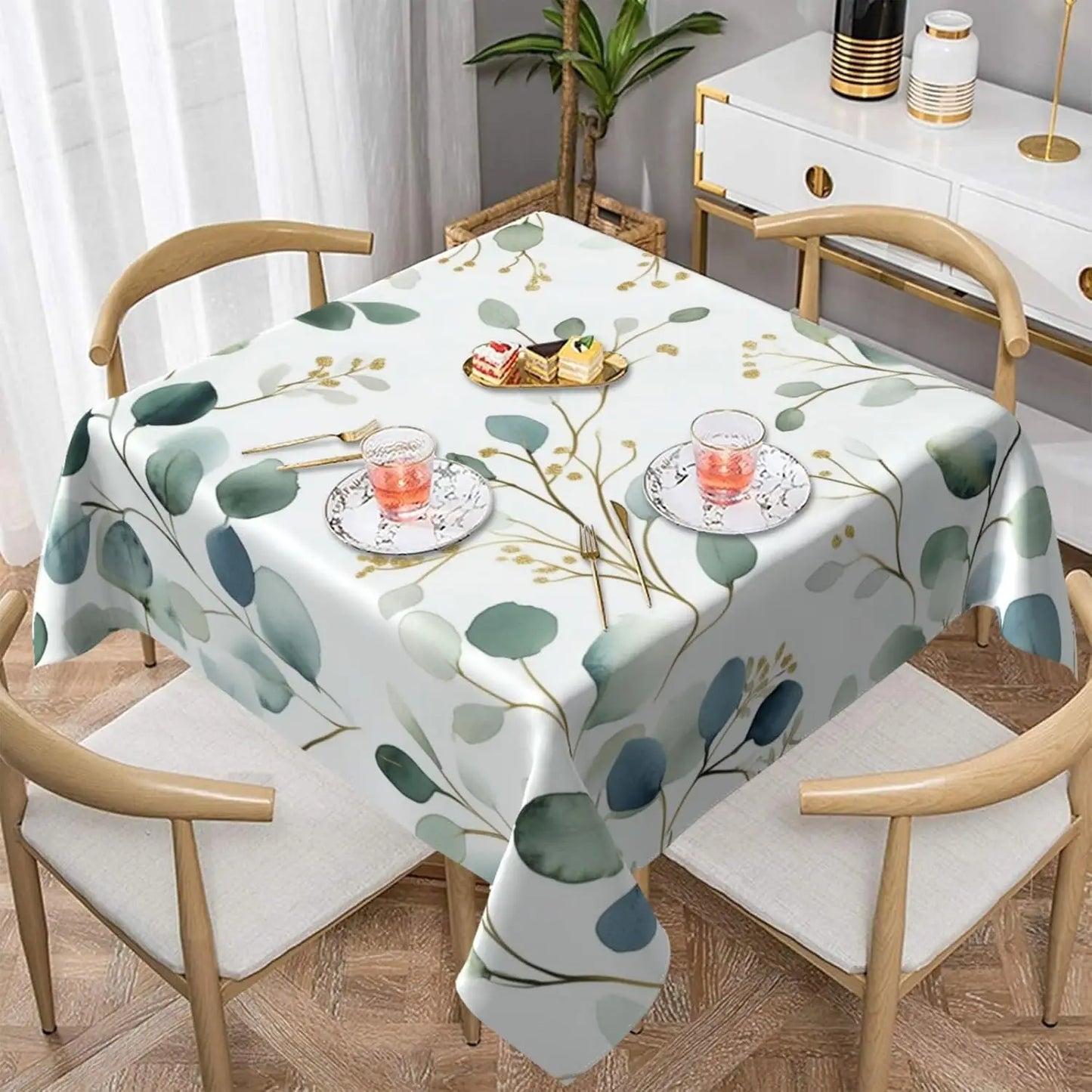 Green Leaves Square Tablecloth Waterproof Decorative Botanical Table Cloth Cover for Home Kitchen Dining Party Picnic Outdoor
