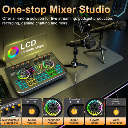 TENLAMP X3-E300 Bluetooth Sound Board Voice Changer & Podcast Microphone Bundle Kit for 4 People, Live Sound Card Audio Mixer Full Set for PC Phone Gaming Singing Karaoke Live Streaming Recording