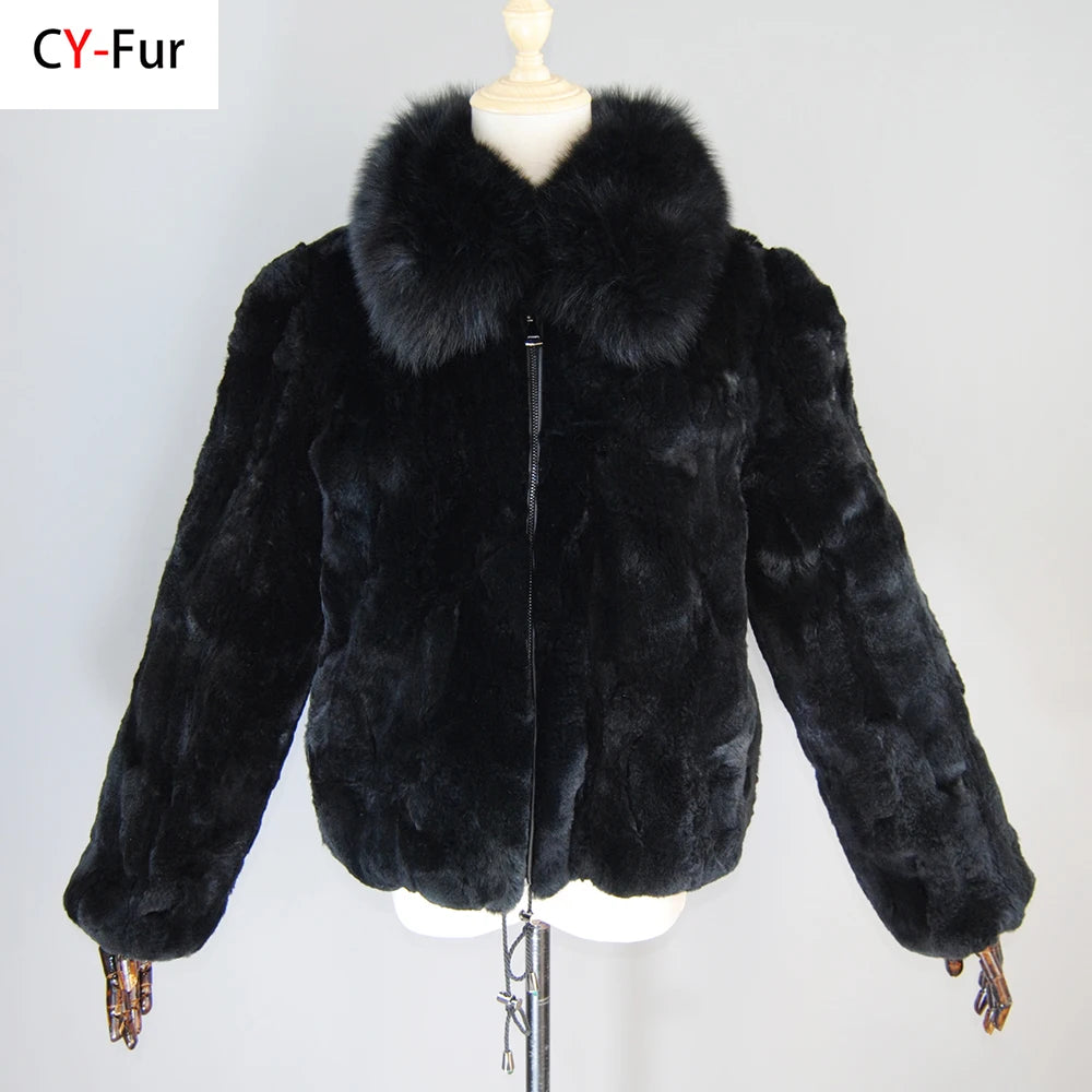 New Luxury Lady 100% Natural Rex Rabbit Fur Coat Women Winter Thick Warm Real Rex Rabbit Fur Jacket With Quality Fox Fur Collar