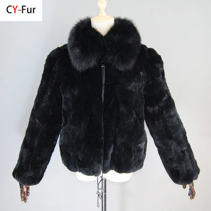 New Luxury Lady 100% Natural Rex Rabbit Fur Coat Women Winter Thick Warm Real Rex Rabbit Fur Jacket With Quality Fox Fur Collar