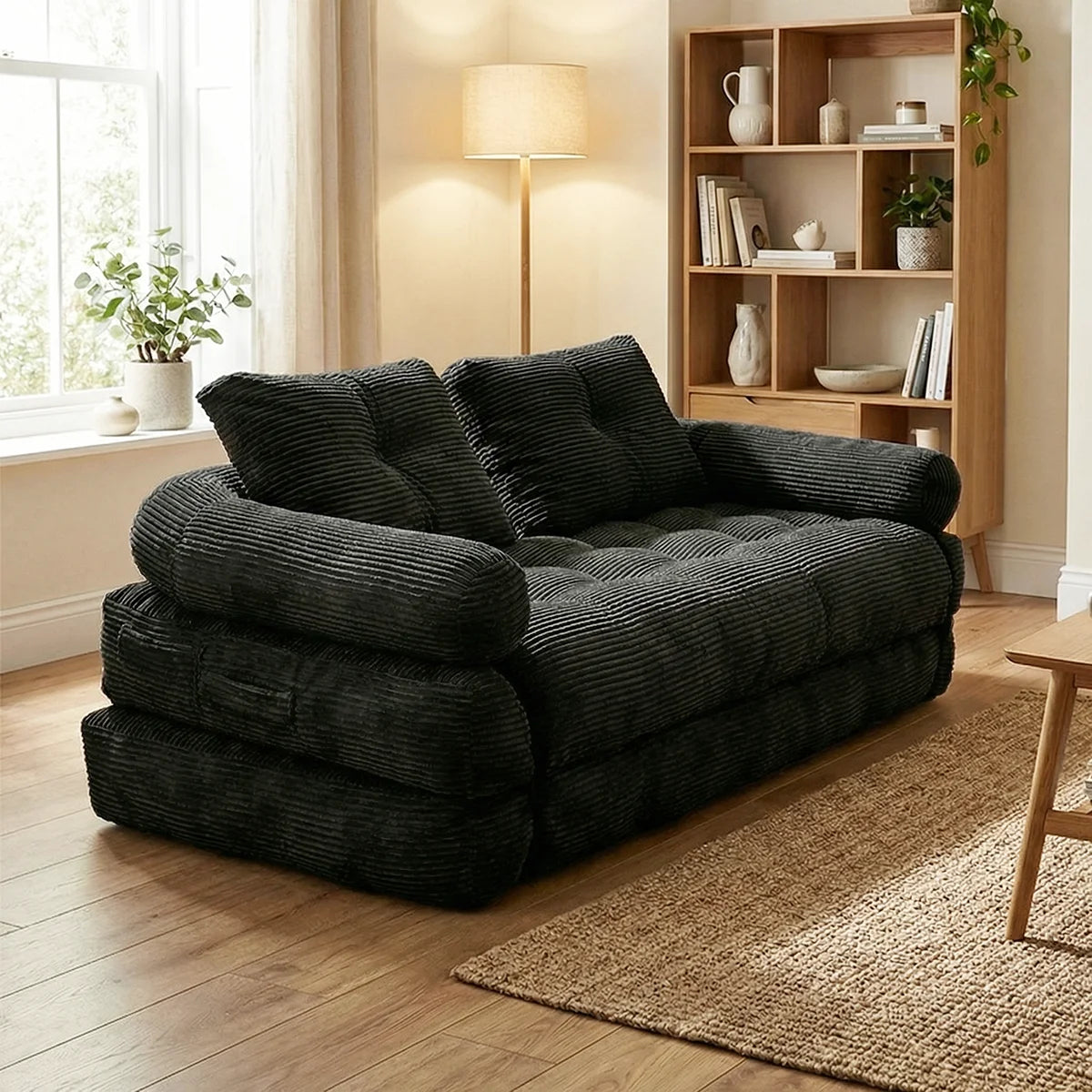 Modern Convertible Sofa Bed, 2-Seater Vacuum Packed Compressed Couch, Soft Memory Foam Floor Sofa for Small Space Living Room