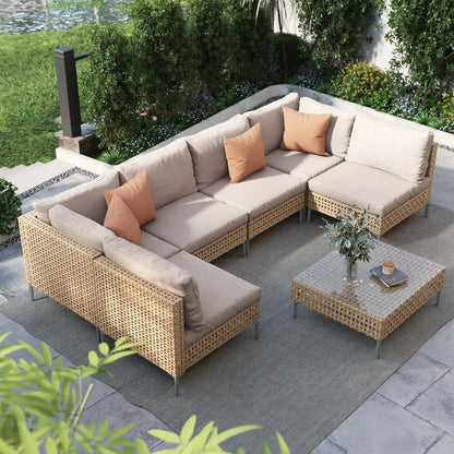 7-Piece Wicker Patio Furniture Set, Boho Outdoor Conversation Set Sectional Sofa with Water Resistant Thick, Customized