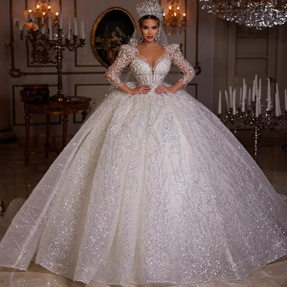 Customzie Graceful Luxurious Ball Gown Wedding Dresses V Neck Long Sleeve Robe De Mariee Lace Beade d Princess