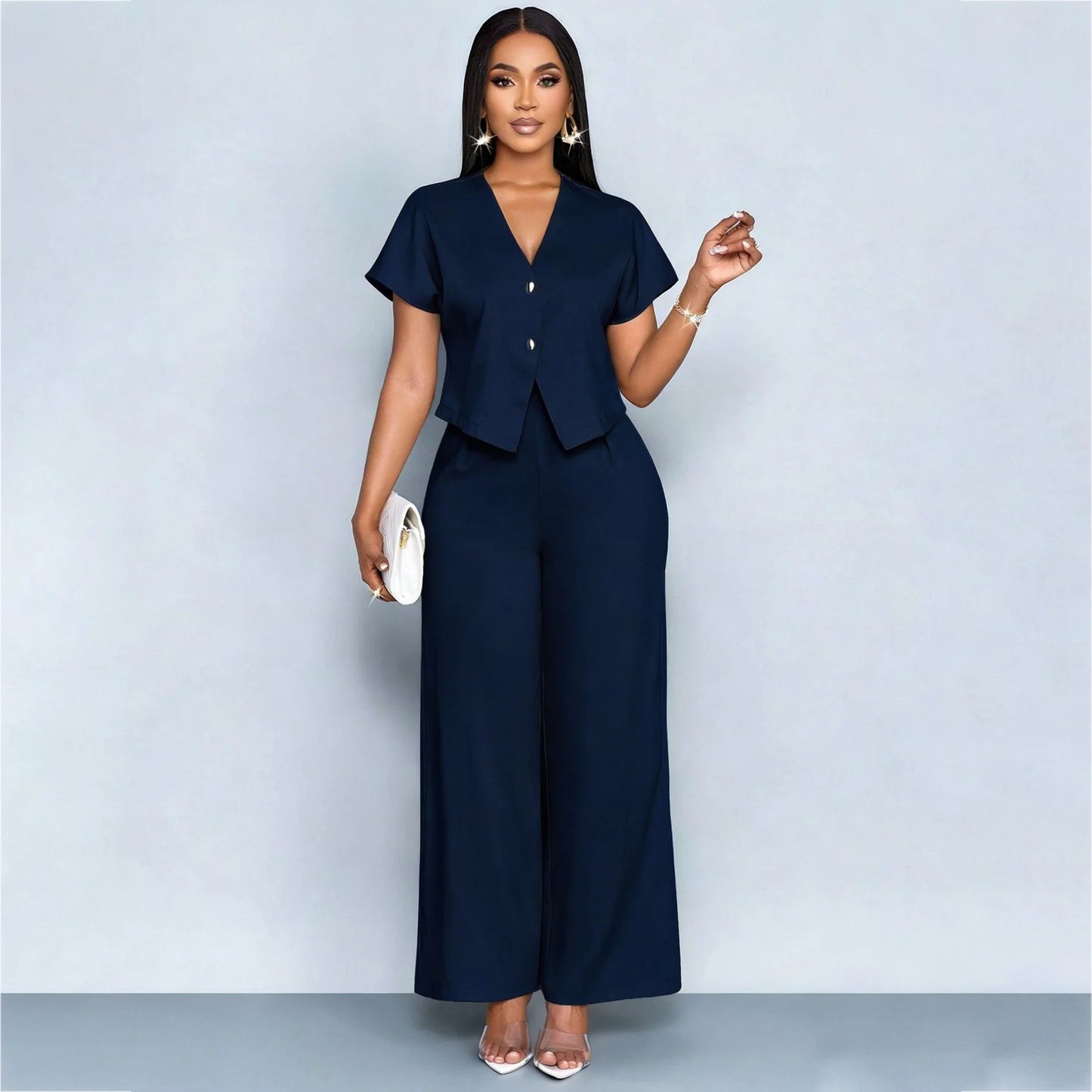 Summer Elegant 2 Piece Suit For Women V Neck Short Sleeve Blouse Top High Waist Wide Leg Pants Set Casual Business Office Outfit