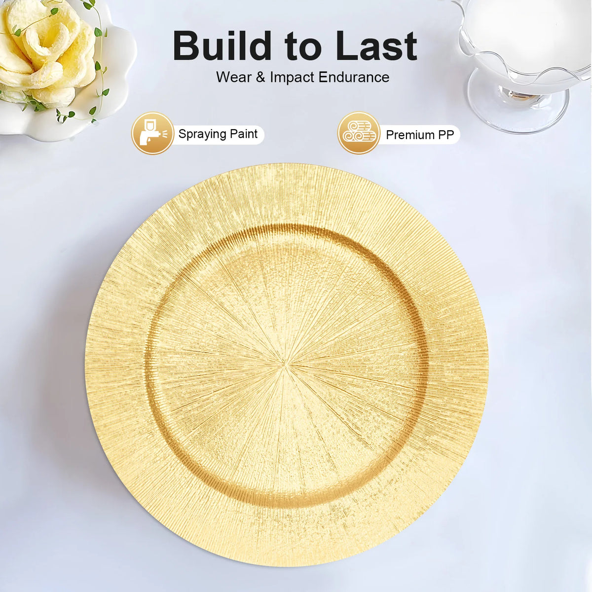 Gold Round Charger Plates Set 50Pcs PP Reusable Serving Plates For Wedding Banquet Hotel Restaurant Party Table Decor