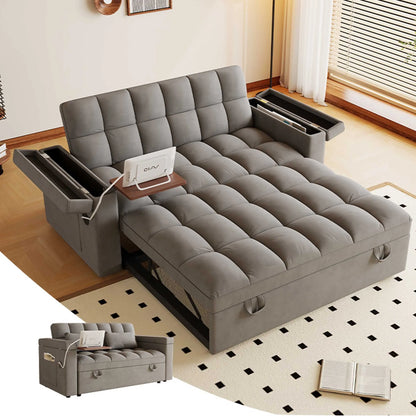 65" 3-in-1 Foldable Velvet Sofa Bed with USB Charging Port, Table Board and Storage Armrests, Adjustable Backrest Sleeper Couch for Living Room Apartment Guest Room, Black