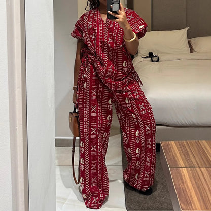 Women Two Pieces Pant Sets Solid Matching Set Pullover V Neck Printing Top High Waist Lace Up Pants Loose Fit Casual 2025 Summer