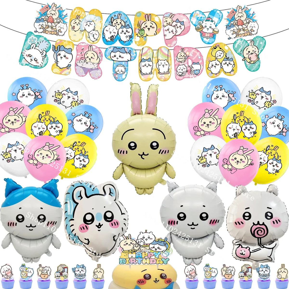 Chiikawa kawaii Happy Birthday Party Decorations Cute plate Banner Cake Topper Flag Balloons Disposable tableware Decorations