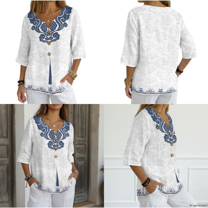 INSTANTARTS Elegant Sets Two Piece Set Linen Shirt Wide-leg Pants Set Wave Set for Woman Linen Pants and Blouse Set S-3XL