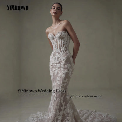 Ivory Lace Mermaid Wedding Dresses for Bride Removable High Neck Long Sleeve Backless Garden Beach Bridal Gown Customized