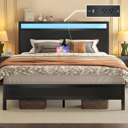 Fluest Queen Bed Frame with Headboard & Footboard, Bed Frame with Built-in Charging Station LED Light, Storage Shelf，Customized