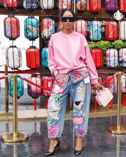 Women Denim Pant Jeans Print Floral Long Pants Hot Drilling High Waist Straight Trousers Y2k Streetwear Elegant Hole Work 2026