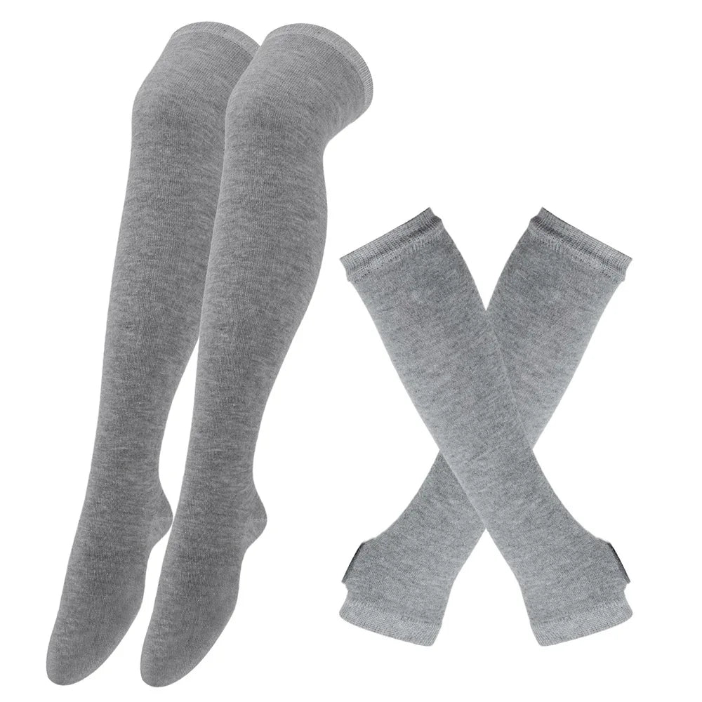 1 Set Women Girls Over Knee Long Stripe Printed Thigh High Cotton Socks Arm Sleeve Gothic Harajuku Gloves Sweet Cute Socks