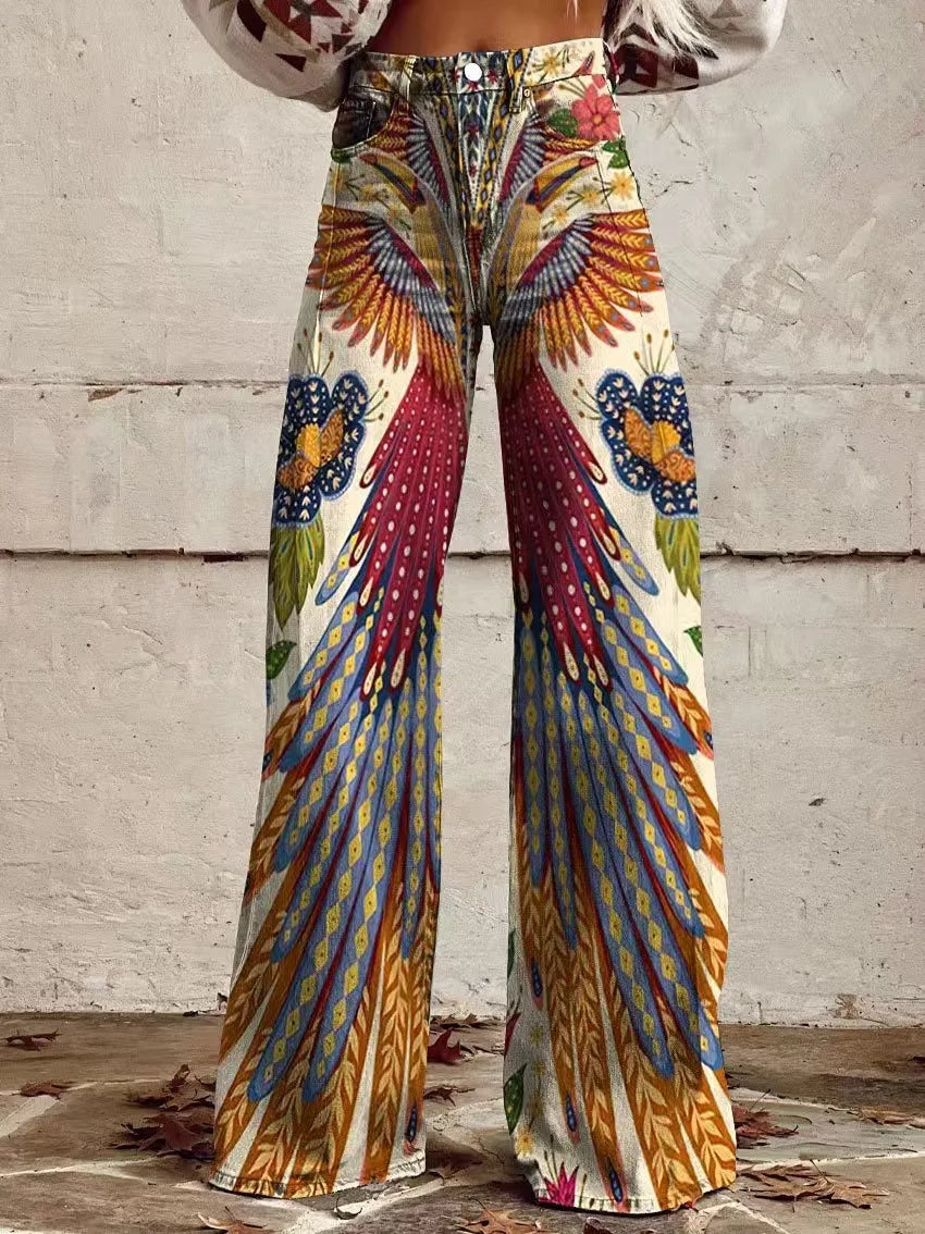 Women's 3D Printed Flare Jeans-Polyester Wide Leg Pants with Distressed Vintage Look, High Waist Comfort Fit for Street Fashion
