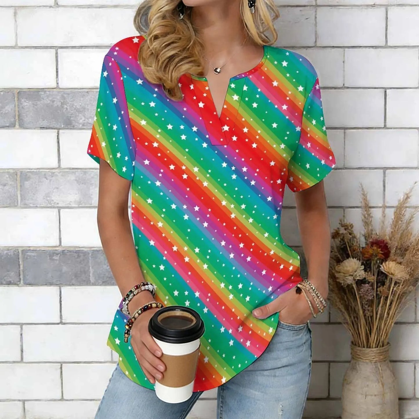 Women Print Notched V Neck Short Sleeve Casual Loose Tunic Tops