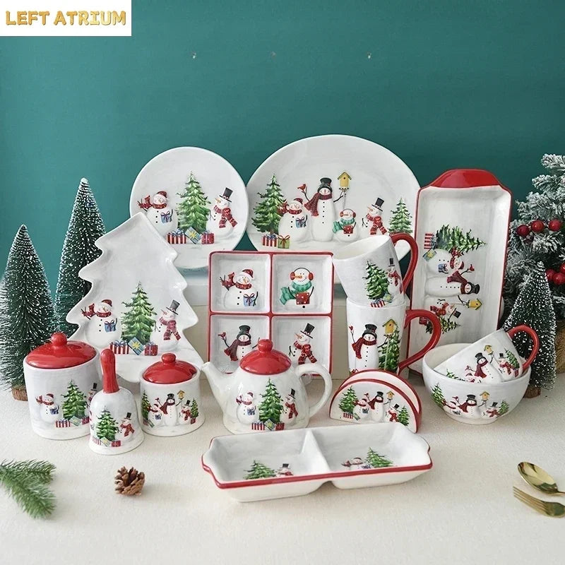 Nordic creative Christmas Snowman bowl plate cutlery set Western ceramic dinner plates Home rice salad bowl cup Christmas gift