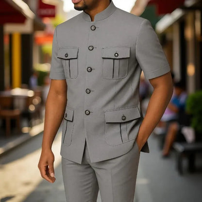 Safari Men Suits with Short Sleeves for Prom Party 2 Pieces Chinese Fashion Style Outdoors Costumes Suit Set Custom Made