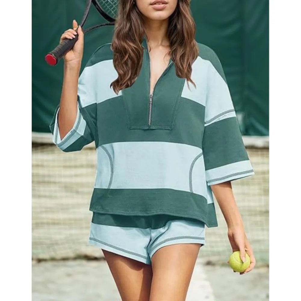 Casual Women's Baseball Sportswear 2-piece Set Summer New Fashion Striped Color Blocked Loose T-shirt And Shorts Two Piece Set