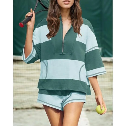 Casual Women's Baseball Sportswear 2-piece Set Summer New Fashion Striped Color Blocked Loose T-shirt And Shorts Two Piece Set