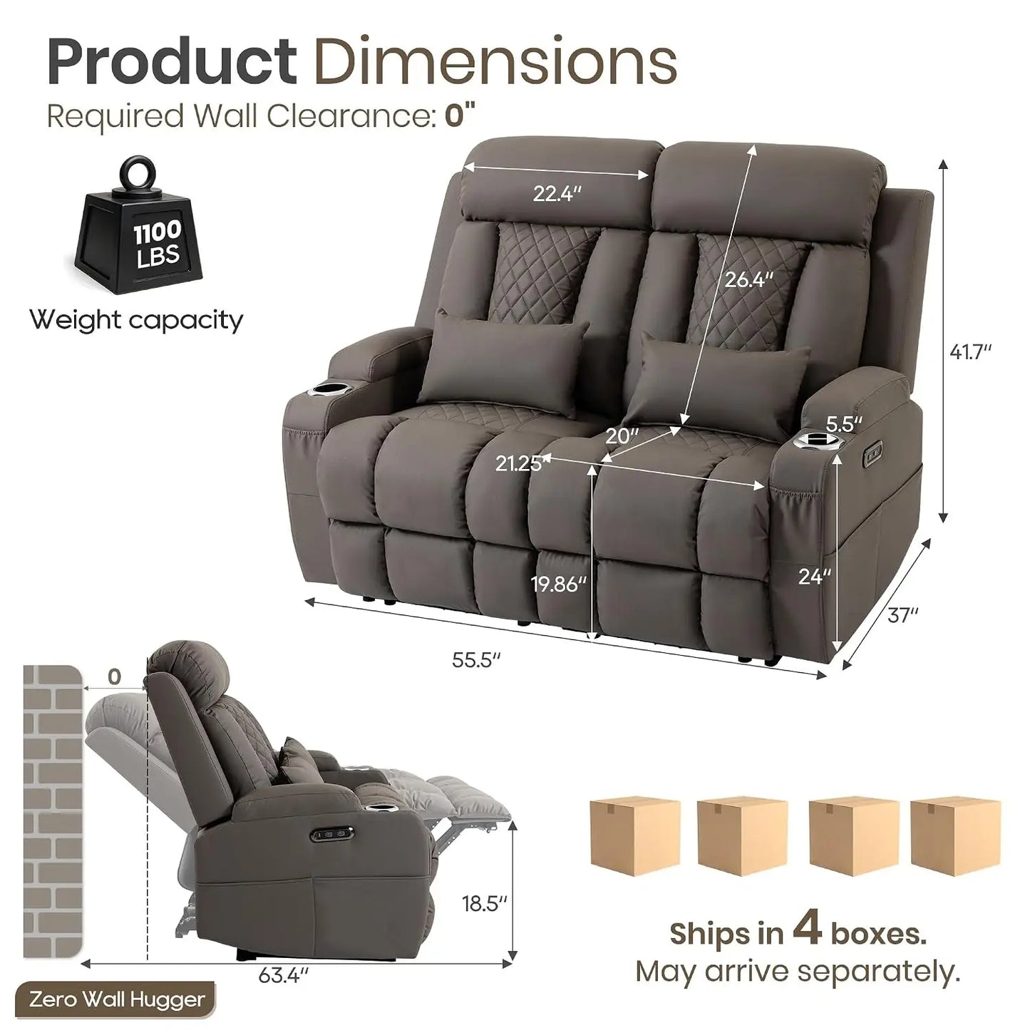 Electric RV Loveseat Recliner Sofa, Cat-Friendly Power Reclining Sofa Couch with Adjustable Headrest, Wall Hugger, Custom