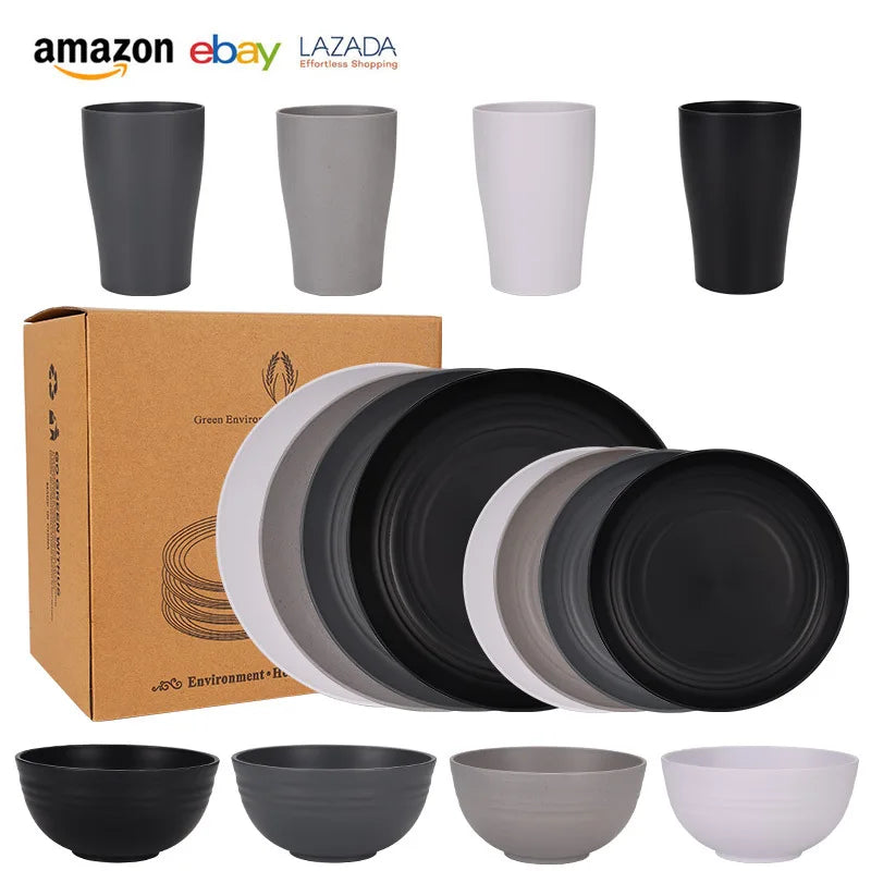 Natural Wheat Straw Tableware Set Dinnerware Sets Biodegradable Unbreakable Plates, Bowls, Cups Lightweight for Kitchen Camping