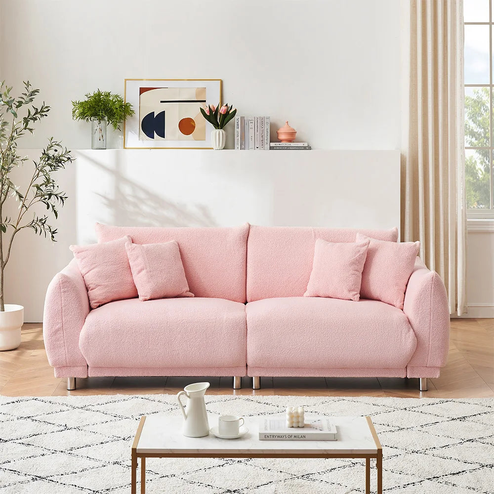 86.6 Inch Teddy Fleece Sofa With Four Throw Pillows Hardware Feet Can Sit Comfortably In An Apartment Bedroom Without Taking Up Space