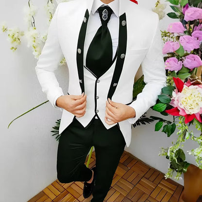 Premium Men's Jacquard Suit White 3pcs Set Wedding Groom Tuxedo Shawl Collar Formal Jacket Vest Pants Beach Party Custom Attire