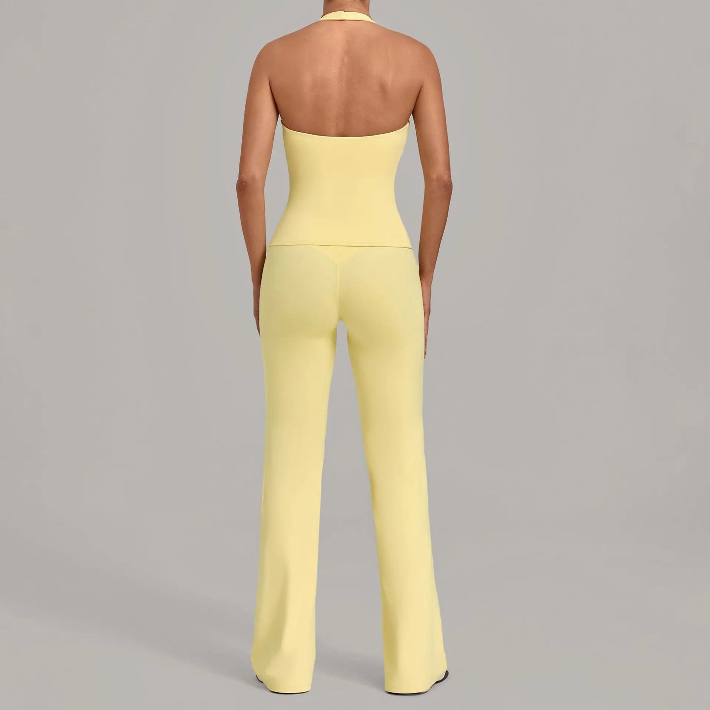 Women Halter V Neck 2Pcs Yoga Outfit Backless Crop Top High Waist Flare Pants Soft Stretch Workout Gym Pilates Casual Tracksuit
