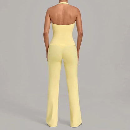 Women Halter V Neck 2Pcs Yoga Outfit Backless Crop Top High Waist Flare Pants Soft Stretch Workout Gym Pilates Casual Tracksuit