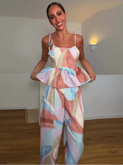 Beach Holiday Print Pants Sets Women Square Neck Sleeveless Lace Up Wide Legs Ruffles Suits Female 2026 Summer New Chic Outfits