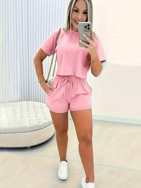 Summer Casual Sports Solid Color 2 Piece Set Women O Neck Short Sleeve Short T-shirt Top And Shorts Sets New Lady Fashion Outfit